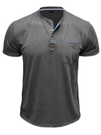 Men'S Solid Color Short Sleeve Henley Neck T-Shirt, Fashionable Summer Men'S Wear Casual Round Neck Top - Dark Gray