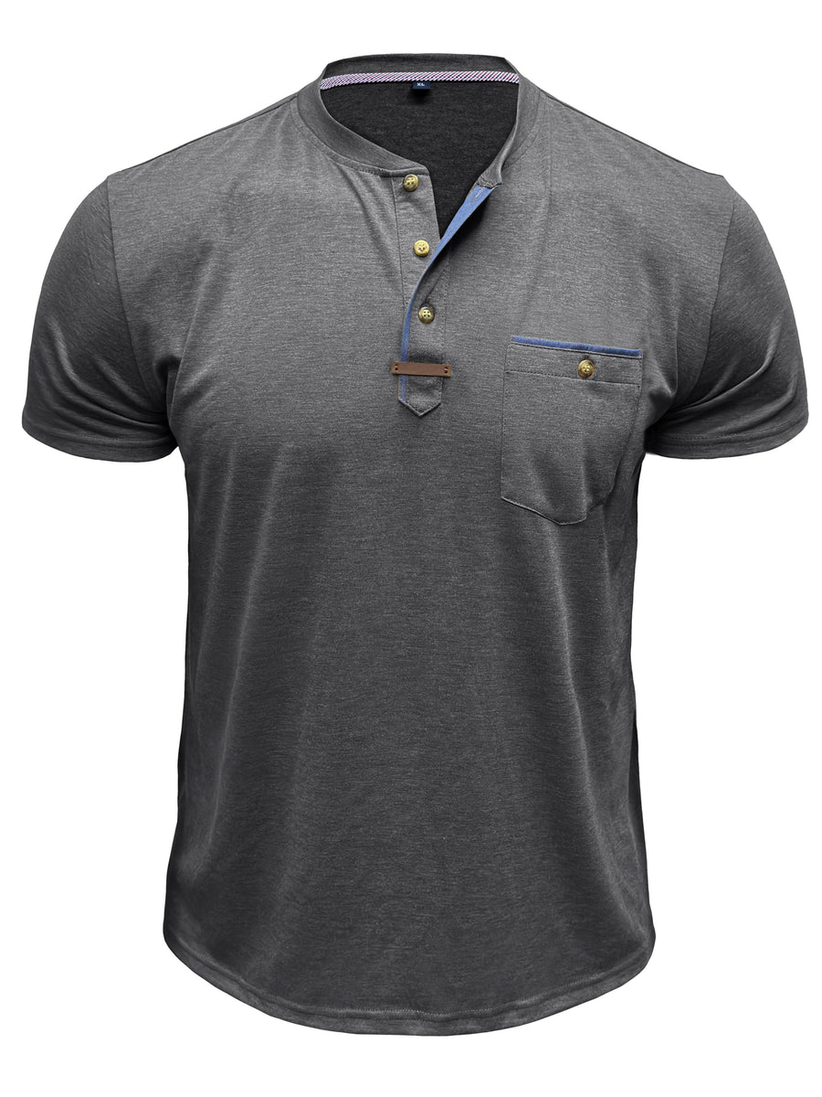 Men'S Solid Color Short Sleeve Henley Neck T-Shirt, Fashionable Summer Men'S Wear Casual Round Neck Top - Dark Gray