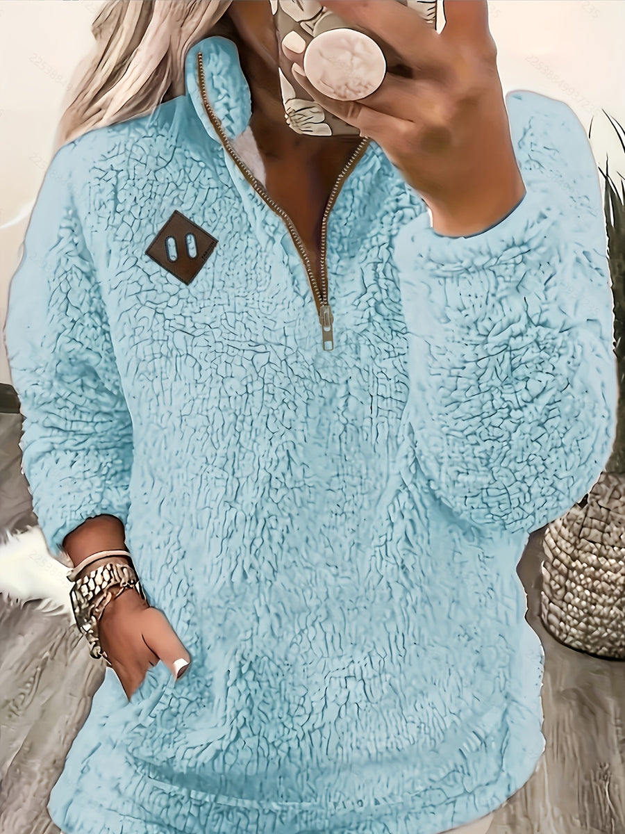 Women's Casual Fashion Pullover Zip-Up Long Sleeve Top - Light Blue