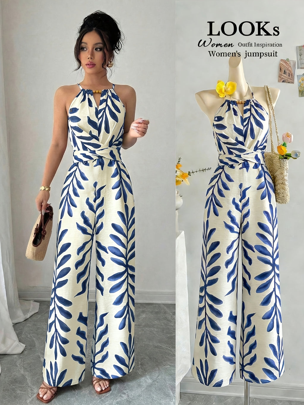 Women's Halter Neck Jumpsuit, Rayon, Soft and Comfortable, Twist Knot Design, Botanical Print, Beaded Embellishment, Simple and Casual - Multicolor 1