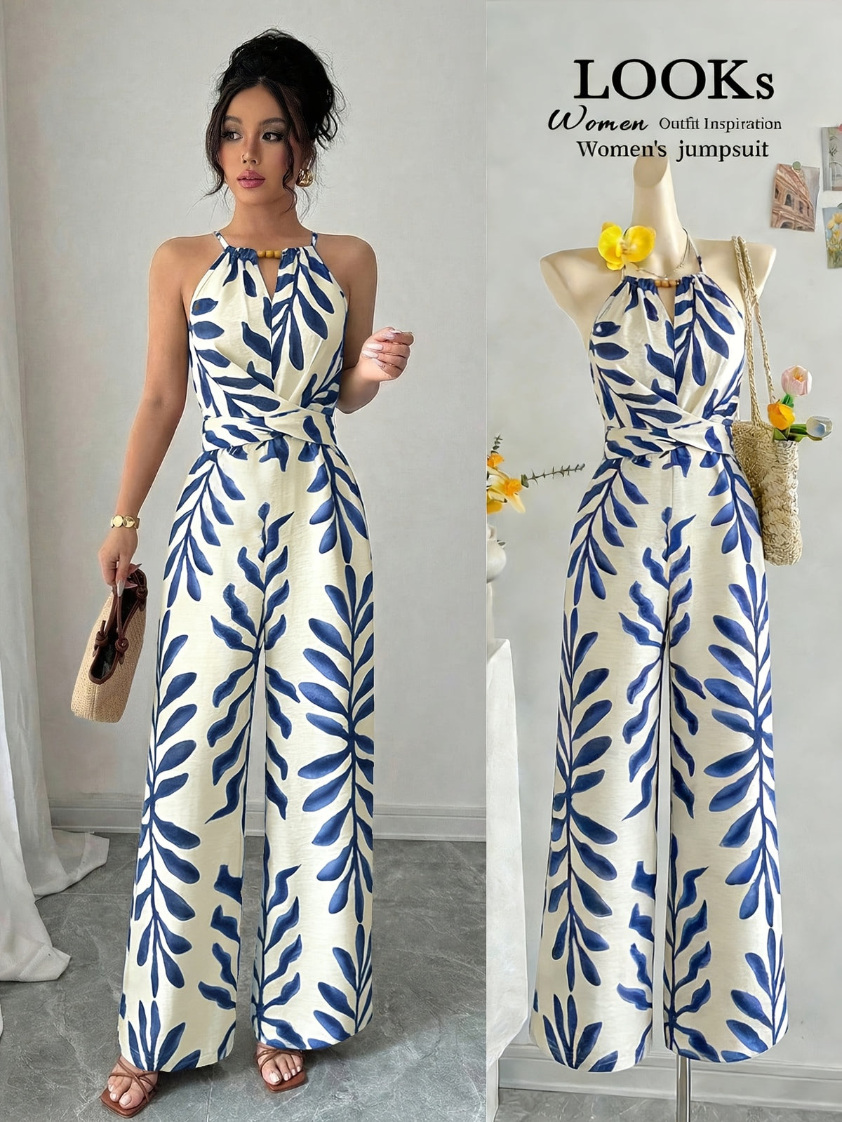 Women's Halter Neck Jumpsuit, Rayon, Soft and Comfortable, Twist Knot Design, Botanical Print, Beaded Embellishment, Simple and Casual - Multicolor 1