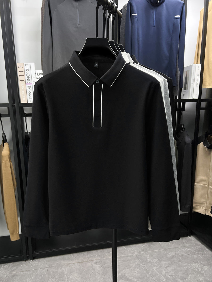 Autumn Multi-Color Selectable Men'S Contrast Edge Long Sleeve Polo Shirt, Comfortable Fabric, Easy Lapel, Delicate And Smooth, Loose Fit, Business Commute, Visiting Friends, Business Travel, Home Casual Top - Black