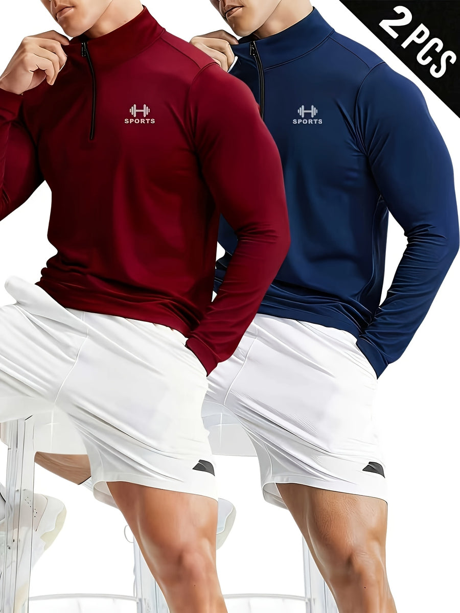2pcs Set Men'S Casual Athletic Long Sleeve, Casual Athletic Top, Men'S Slim Fit Athletic Polo Shirt, Men'S Stand-Up Collar Polo Shirt, Fashionable And Versatile, Slim Fit, Half-Zipper Stand-Up Collar Design Detail, Suitable for Jogging, Cycling - Burgundy+Royal Blue