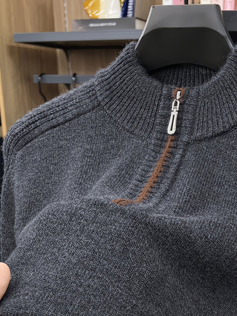 Men'S Thickened Semi-Open Zipper Stand Collar Knit Sweater, Ribbed Cuffs And Hem, Autumn/Winter Style, Single Wear And Layering, Light Mature Business Casual Style - Black Gray