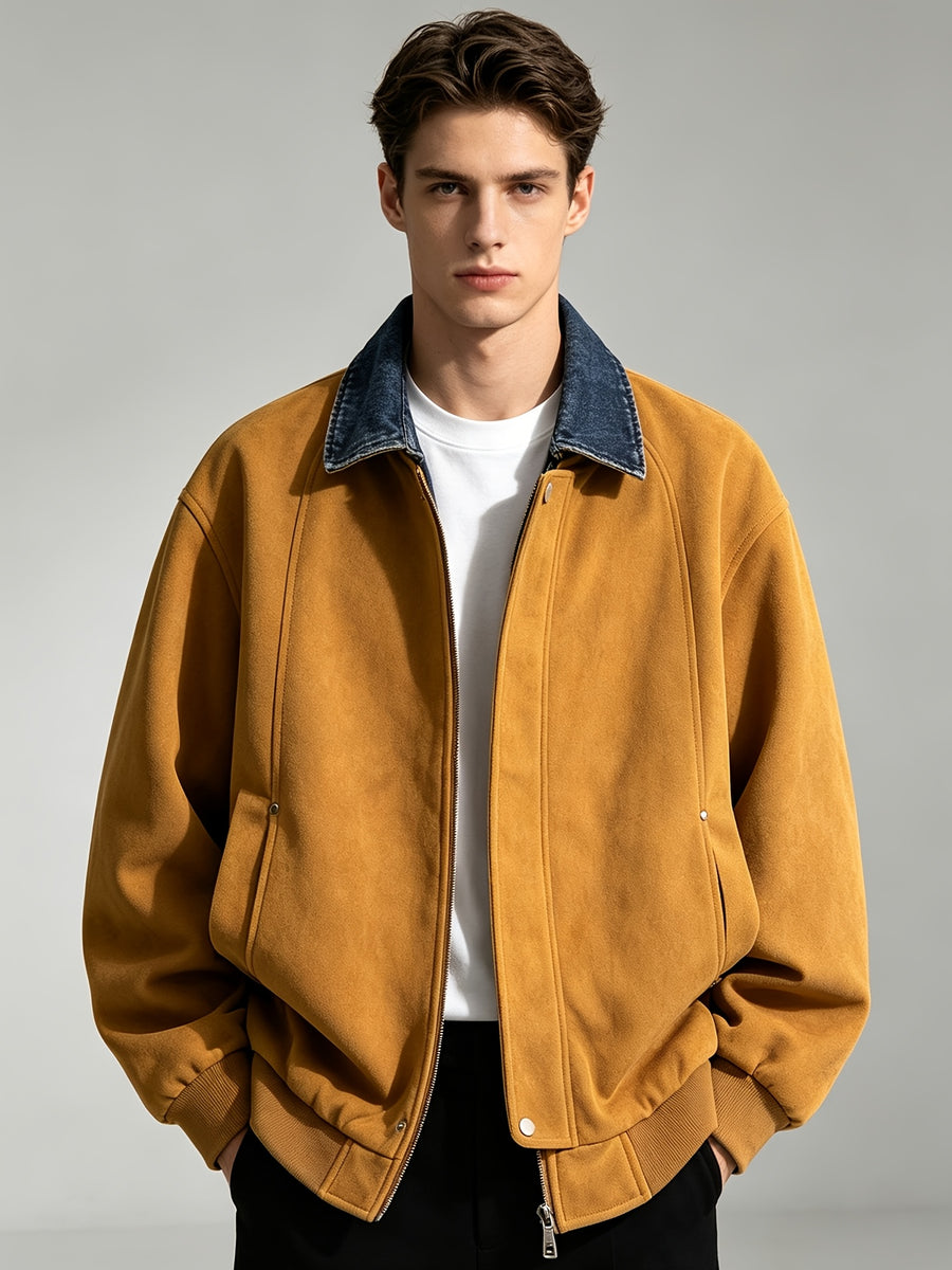 Men's American Vintage Style with Full Atmospheric Vibe! Denim Collar with Color-block Patchwork, Loose Drop-shoulder Fit for a Slimming and Versatile Look, the Perfect Streetwear Top Coat for Autumn and Winter. Trachten Jacket - ginger-colored
