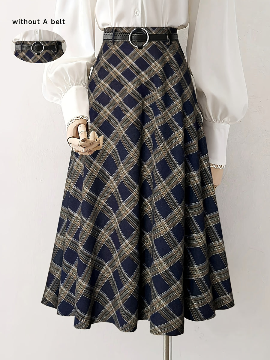 Women's Vintage Brushed Plaid Stretch Waist A-Line Skirt for Spring/Autumn. Belt Not Included - Navy Color