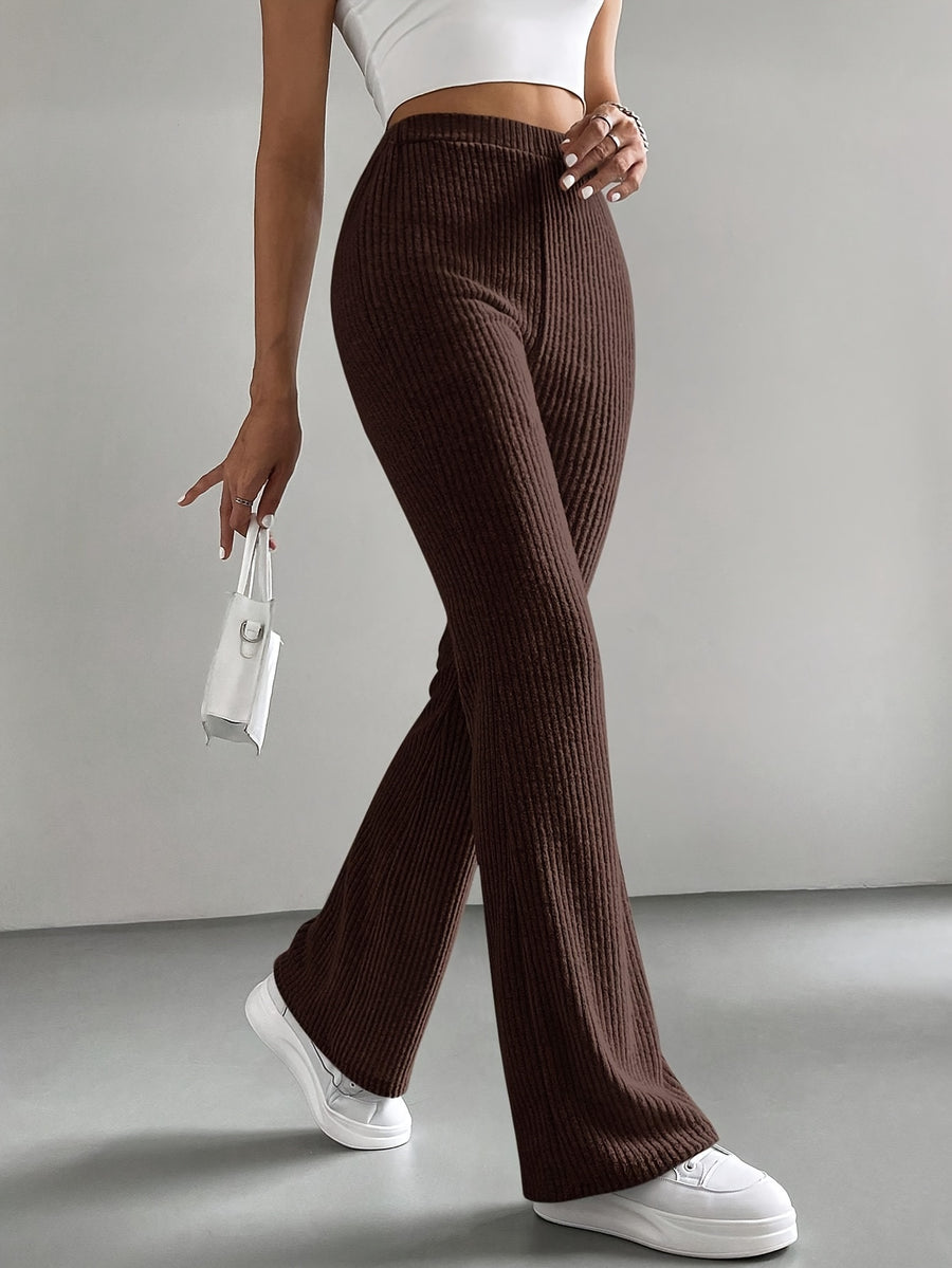 High-Waisted, Elastic Waist Straight-Leg Pants in Light with Small Ribbed Texture And a Slight Flare - Coffee Color