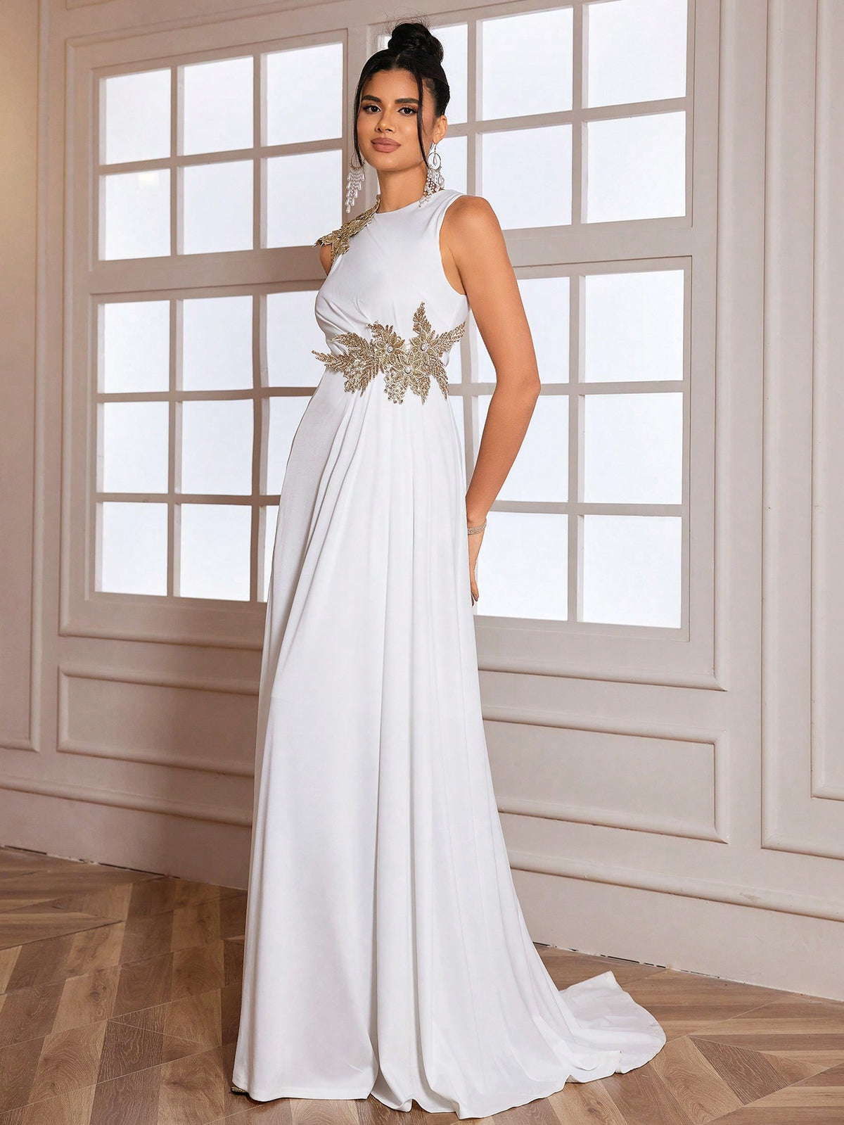 Sleeveless Round Neck Dress with Waistline Slit - Ivory White