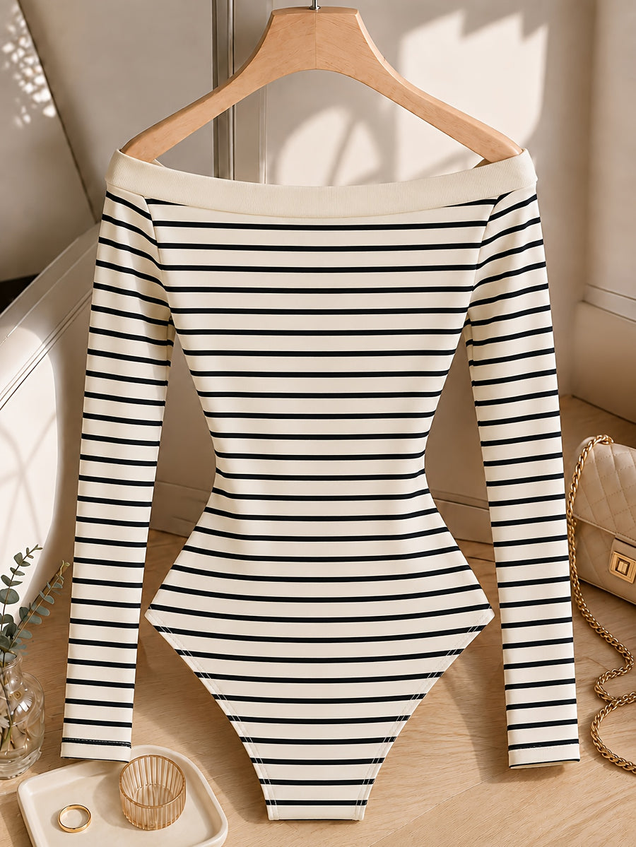 Autumn/Winter French-Style Off-the-Shoulder Striped Long-Sleeve Bodysuit for Women, Off-Shoulder Inner Wear Bodysuit Top, Figure-Hugging Ribbed Base Layer Shirt - Stripe