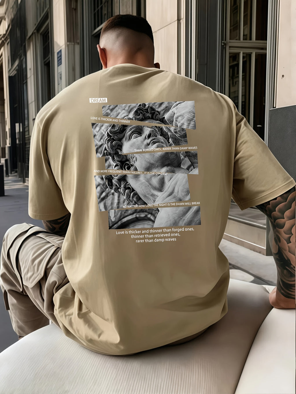 Casual Streetwear Style, Men'S T-Shirt, Classical Statue Collage with Love Quote Print, Summer Urban Outdoor Wear, Gift for Boyfriend Or Fashion Enthusiast - Khaki