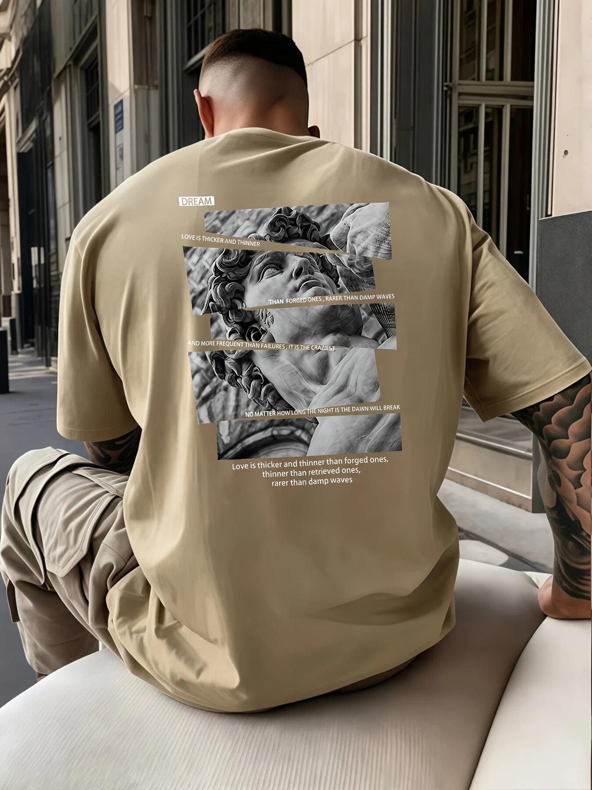 Casual Streetwear Style, Men'S T-Shirt, Classical Statue Collage with Love Quote Print, Summer Urban Outdoor Wear, Gift for Boyfriend Or Fashion Enthusiast - Khaki