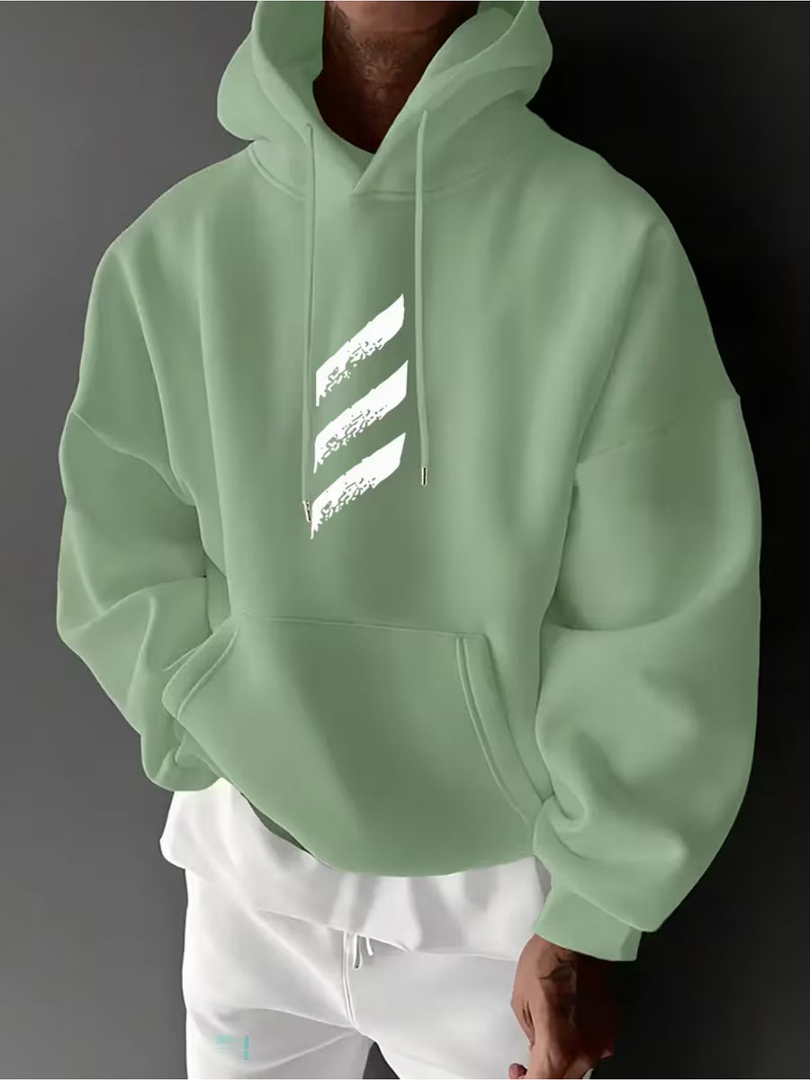 Men's 250g Thickened Trendy Hooded Sweatshirt, Geometric Print Design - Casual Daily Wear, Comfortable and Breathable, Drawstring Hood, Kangaroo Pocket, Geometric Pattern, Regular Fit Casual Top for Spring/Autumn - Pea Green Color