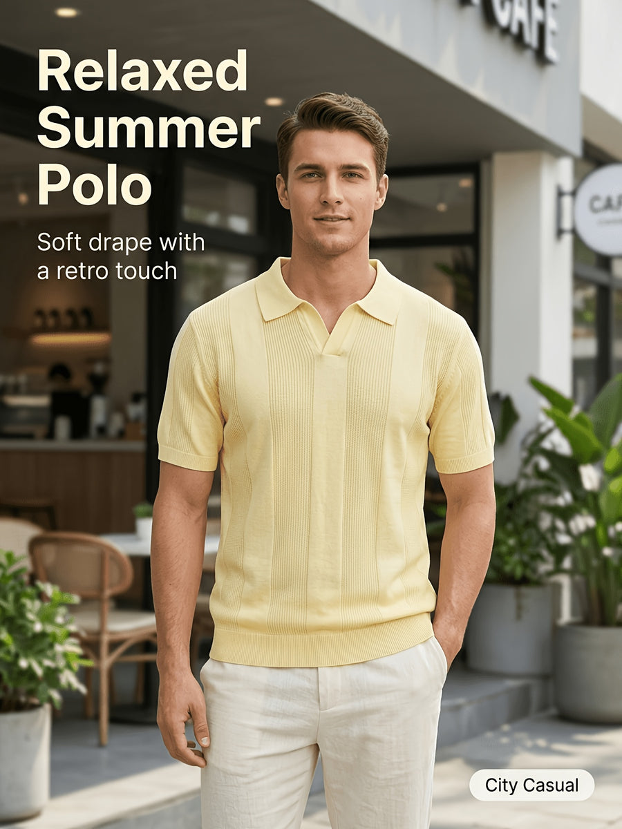 Men'S 3pcs Old Money Johnny Collar Vertical Textured Knit Polo Shirts, Breathable Casual Short Sleeve Tops, Multi-Color Set for Business Golf Vacation Summer Wear - White-pink-yellow