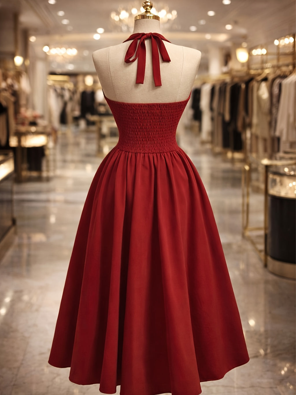 Elegant Solid Color Halter Neck Dress with Back Tie, Gathered Front, Ruched Waist, Slim Fit, and Flared Hem, Suitable for New Year's, Valentine's Day, Parties, Graduations, Weddings, Engagements, Dates, Dinner Parties, and Bridesmaid Attire - Red
