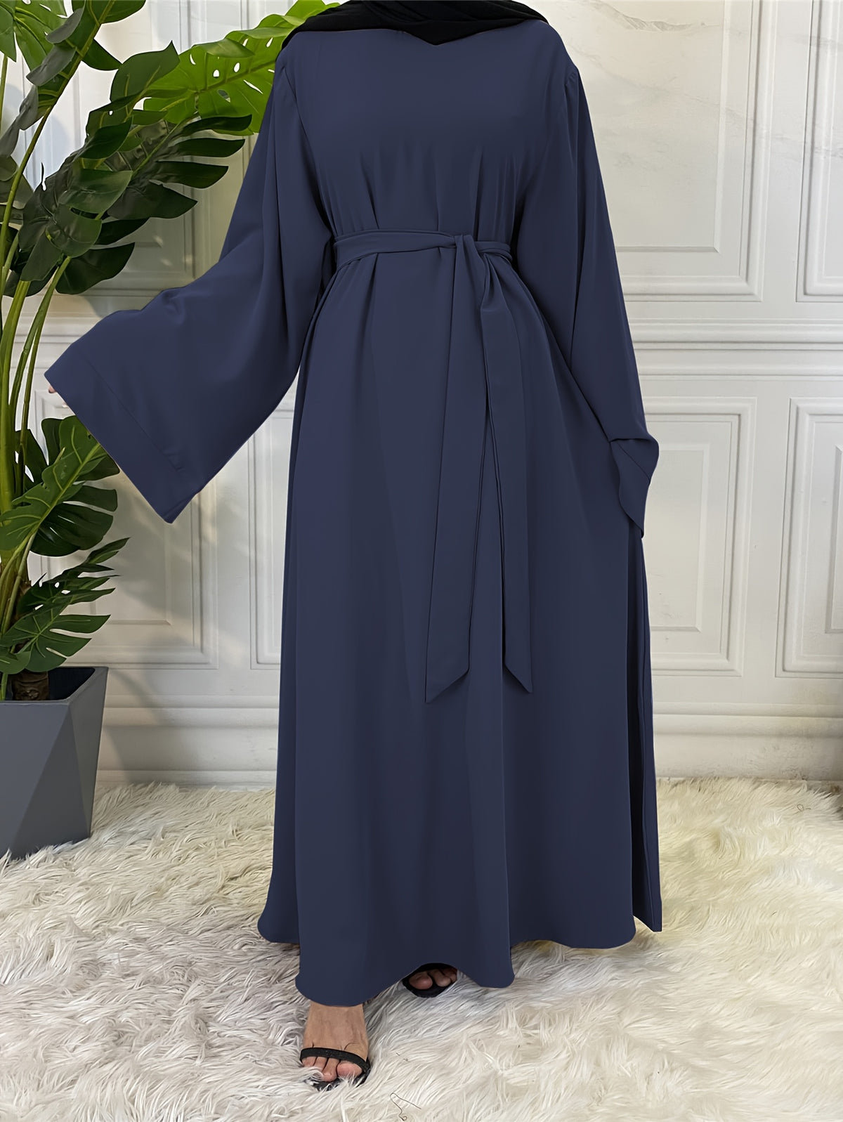 1pc Fashionable, Elegant, Comfortable, and Casual Wide-sleeved Abaya with Belt. Solid Color Suitable for Daily Wear. Loose and Comfortable Women's Abaya Dress. Ferace Tesettür Clothing, Women's Abayas for Muslim Women, Islamic Wear for Women - Navy Color