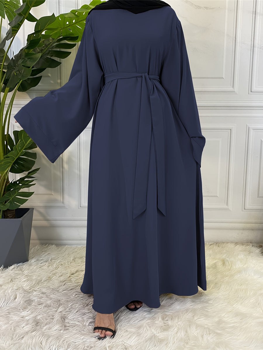 1pc Fashionable, Elegant, Comfortable, and Casual Wide-sleeved Abaya with Belt. Solid Color Suitable for Daily Wear. Loose and Comfortable Women's Abaya Dress. Ferace Tesettür Clothing, Women's Abayas for Muslim Women, Islamic Wear for Women - Navy Color