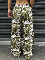 YY0720291 Women'S Casual Camo Print Drawstring Wide-Leg Pants - Army Green