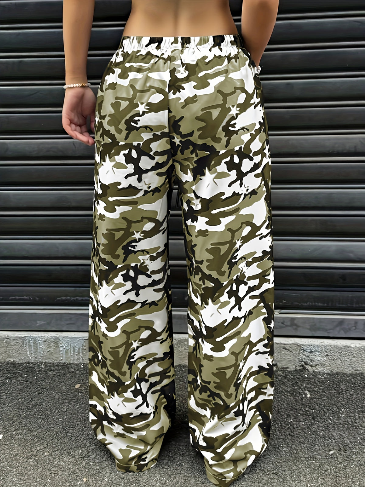 YY0720291 Women'S Casual Camo Print Drawstring Wide-Leg Pants - Army Green