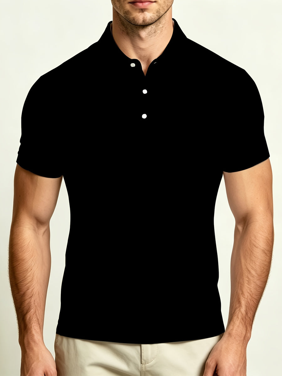 [Printed Design – Not Textured] Men's  Print Polo Shirt, Men's Short-Sleeve POLO Shirt, Fashionable Short-Sleeve Apparel, Button- Lapel Top, Golf Shirt, Men's Birthday Gift, Versatile Outdoor Casual Sports Top, Soft and Comfortable , Four-Season - Black