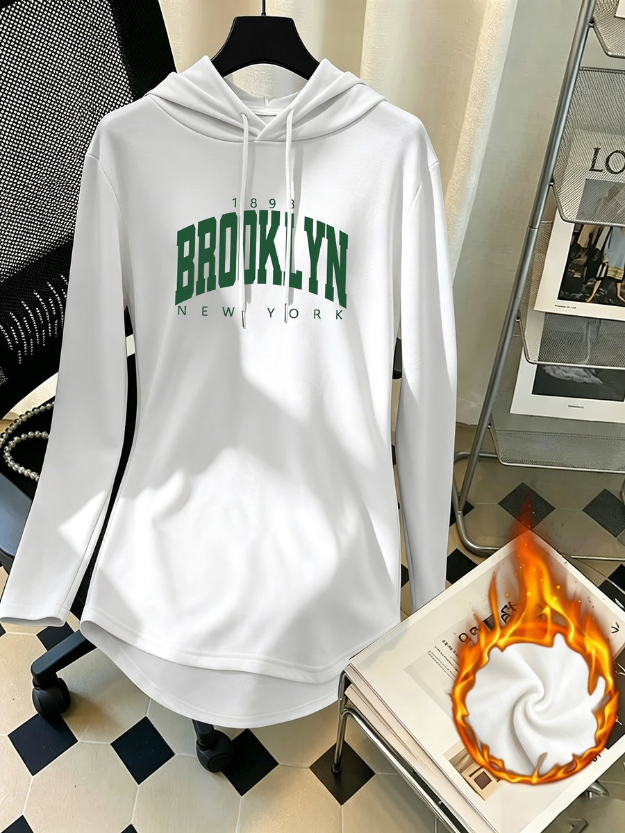 Women's Mid-Length Hooded Sweatshirt, Loose Fit, Hip-Covering, Letter Print, Drawstring Pullover Top - White