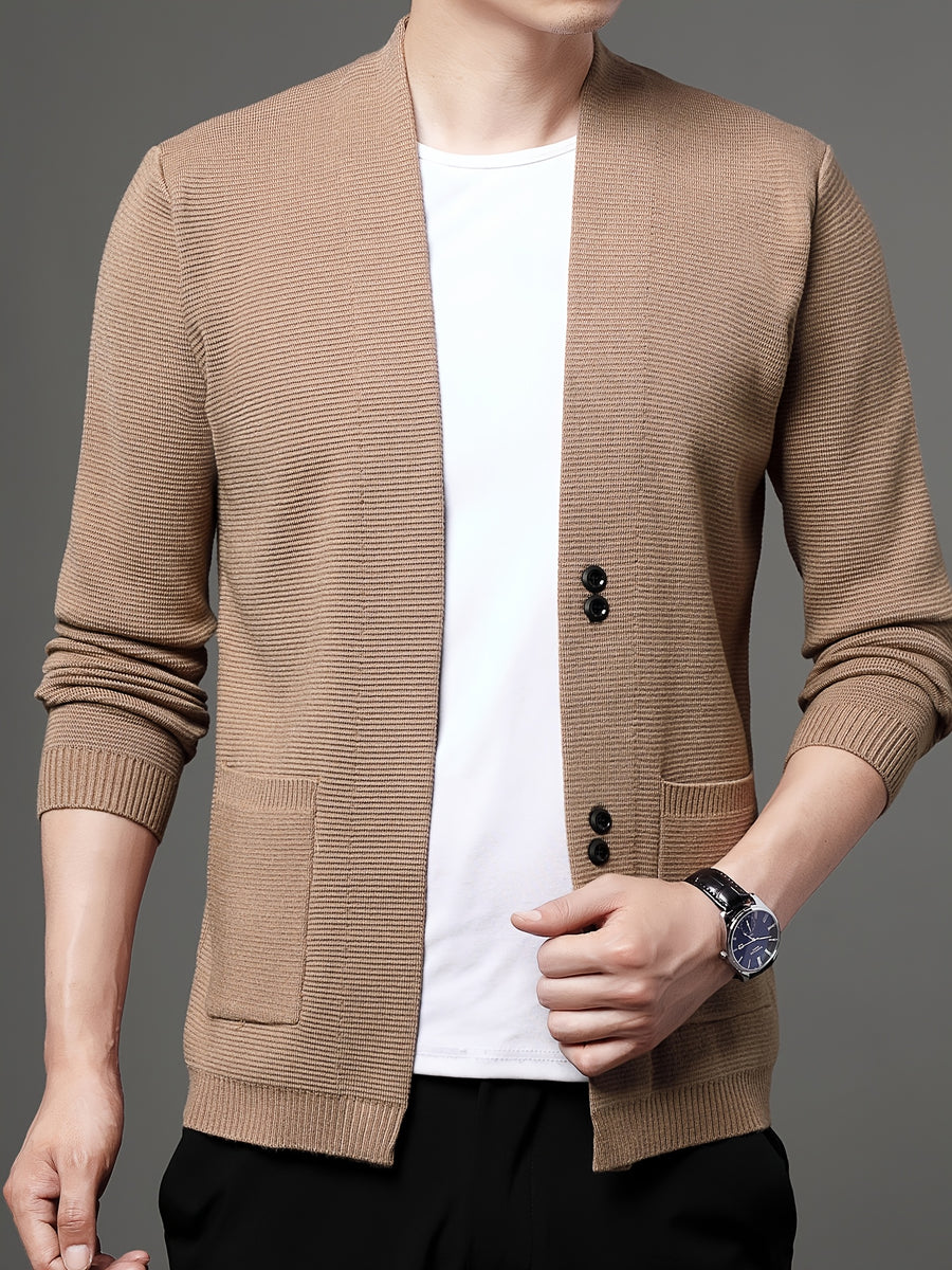 Du Jing Lan OBM Spring/Summer New Arrival Men's Knitted Cardigan, Old Money Style Solid Color V-Neck Long Sleeve Open Front Knit Cardigan, Men's Business Casual Fashion Single-Breasted Ribbed Sweater Jacket with Side Pockets, Suitable for Layering - Camel