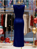 Romantic Exquisite Fashionable Dinner Party Evening Dress Advanced Sense Bright Fabric Ladies Elegant Ruched Draped Neck Slit Design Slim Waist Cinching Hip Wrapping Dress Bridesmaid Dress Women - Blue