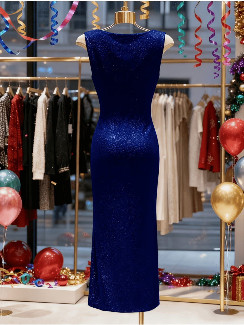 Romantic Exquisite Fashionable Dinner Party Evening Dress Advanced Sense Bright Fabric Ladies Elegant Ruched Draped Neck Slit Design Slim Waist Cinching Hip Wrapping Dress Bridesmaid Dress Women - Blue