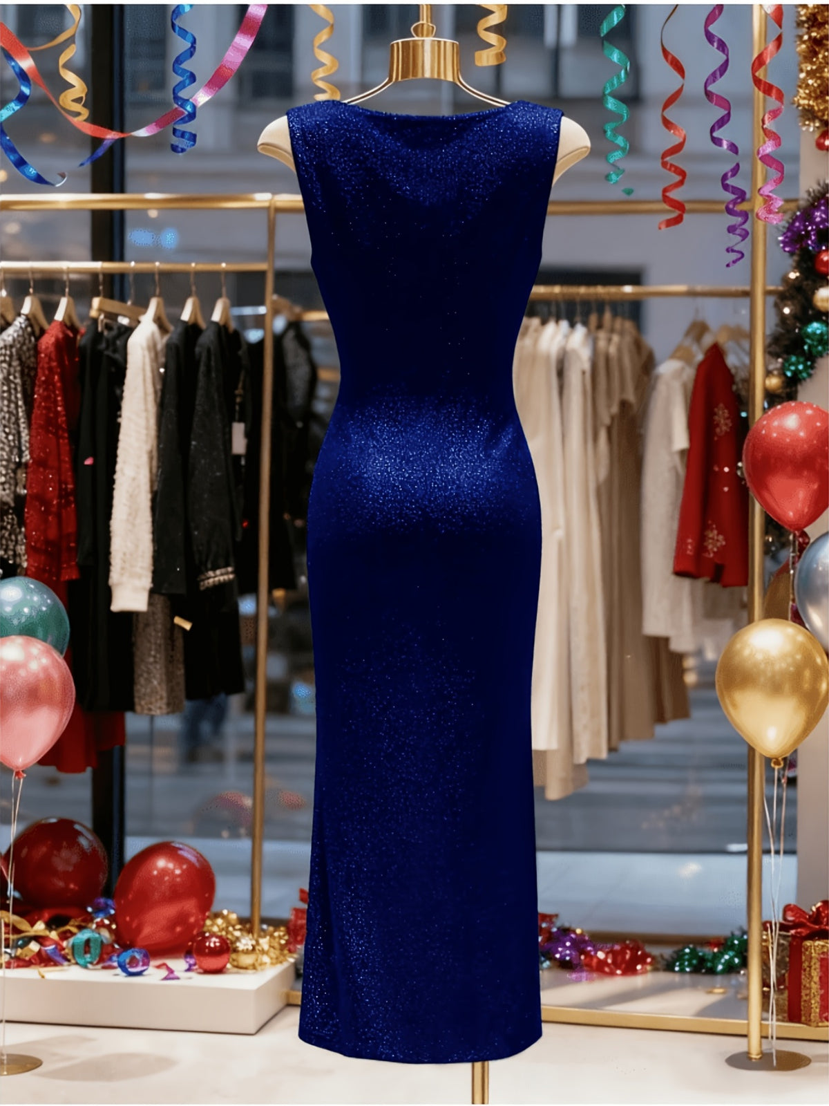 Romantic Exquisite Fashionable Dinner Party Evening Dress Advanced Sense Bright Fabric Ladies Elegant Ruched Draped Neck Slit Design Slim Waist Cinching Hip Wrapping Dress Bridesmaid Dress Women - Blue