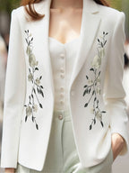 Women White Notched Lapel Blazer Elegant Floral Embroidery Slim Suit Jacket Elegant White Tailored Blazer Green Leaf Butterfly Embroidery Single Button Outerwear Vintage Floral Butterfly Embroidery White Blazer Ladies Formal Office Suit Jacket - White