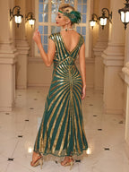 1920 Vintage Sequin Gatsby Ball Fringe Short Sleeve Dress, Party Banquet Dance Dress with Beaded Sequins, Toast Gown, In Stock - Golden Green