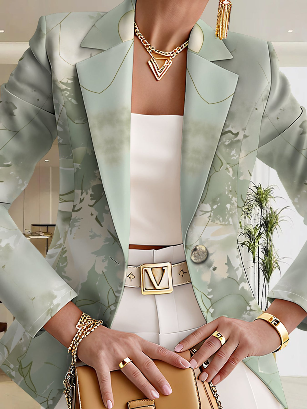 A Stylish and Sophisticated Women's Autumn Jacket, Perfect for Street Style, Parties, and Creating Versatile Campus Looks. It Features a Harmonious Color Palette and a Unique, Trendy Pattern, Offering an Overall Aesthetic of Minimalist Elegance. - Mint Ink Green