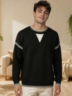 Men'S Color-Block Contrast Line Round Neck Knit Sweater, Casual Outing, Campus Style, Casual Date Wear, Matches Casual Trousers And Faux Denim - SINBOS - Black