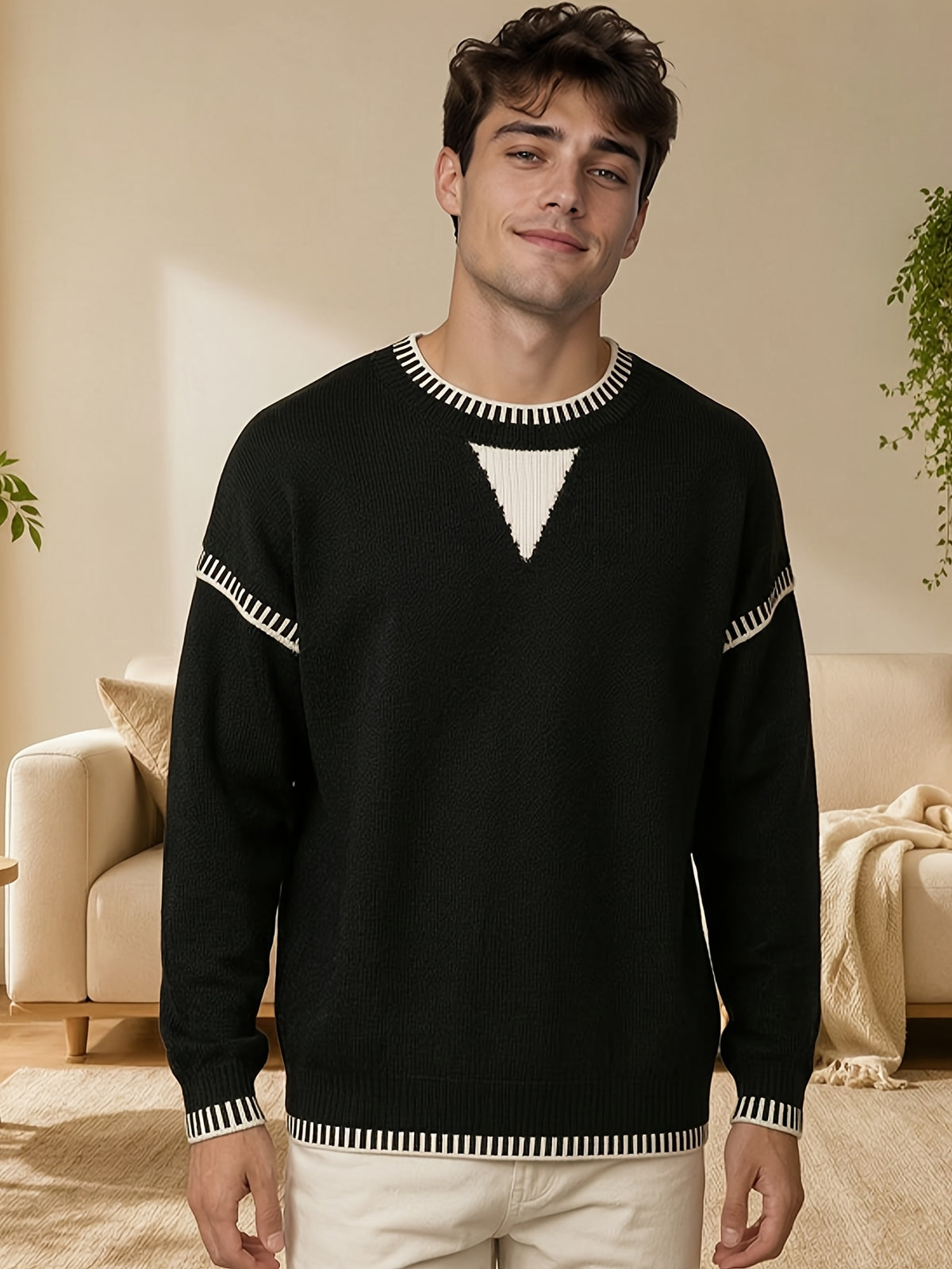 Men'S Color-Block Contrast Line Round Neck Knit Sweater, Casual Outing, Campus Style, Casual Date Wear, Matches Casual Trousers And Faux Denim - SINBOS - Black