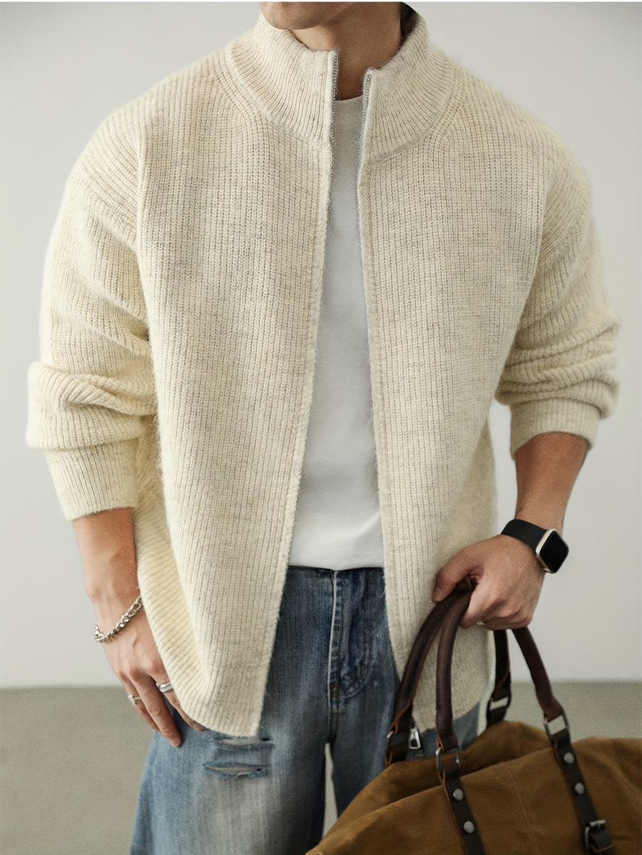 Men'S Plus Size Chunky Knit Cardigan, Full-Zip Stand Collar Sweater Coat, Solid Color Loose Warm Velvet Jacket for Autumn/Winter, Thick - Off-white