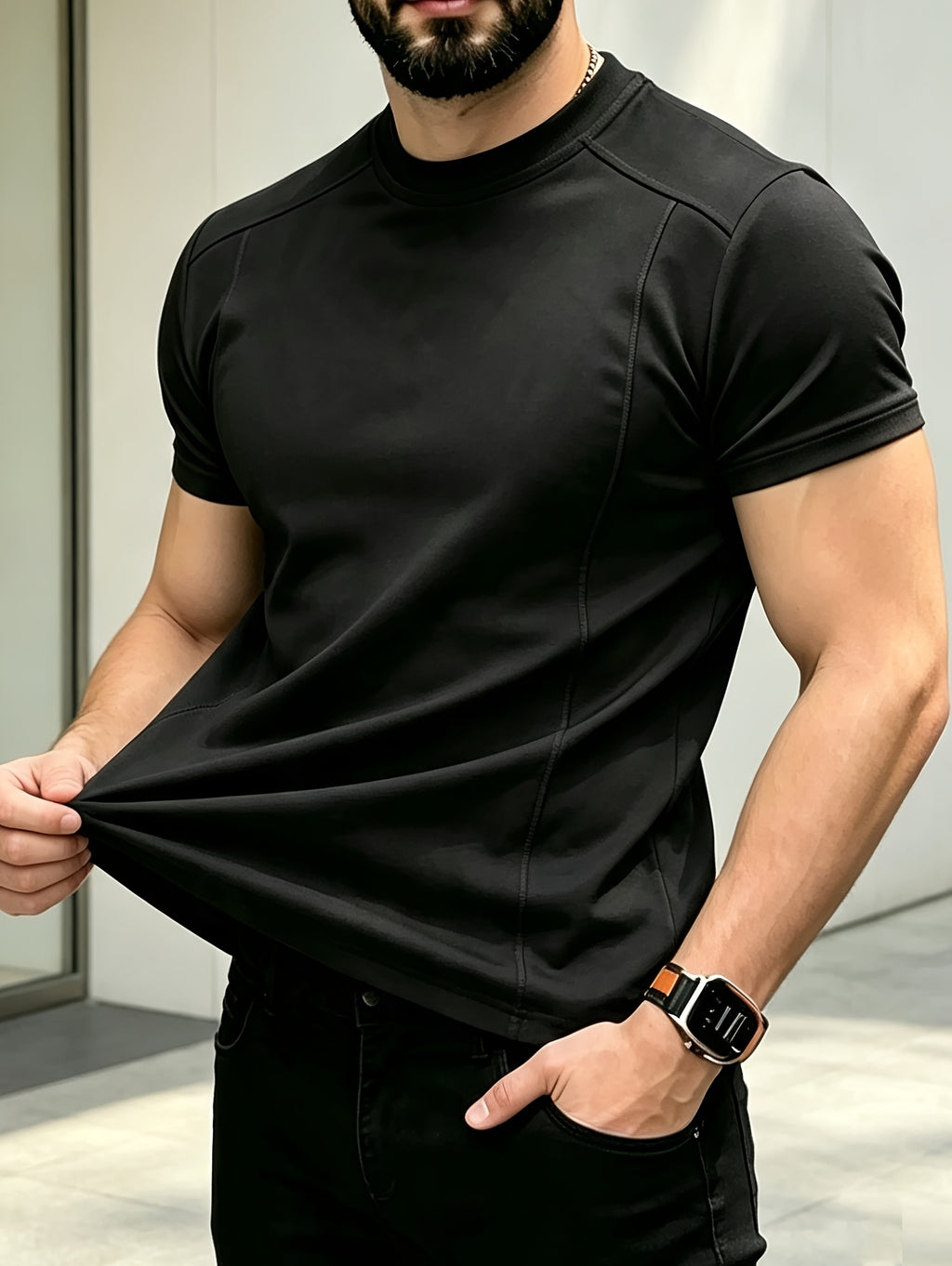 Men'S Casual T-Shirt American Summer Fashion Deconstructed Inner Short Sleeve Solid Color Regular Shoulder Casual Wear Comfortable 2pcs Set in Stock - Black+White
