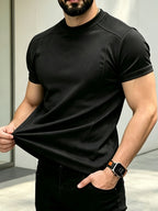 Men'S Casual T-Shirt American Summer Fashion Deconstructed Inner Short Sleeve Solid Color Regular Shoulder Casual Wear Comfortable 2pcs Set in Stock - Black+White