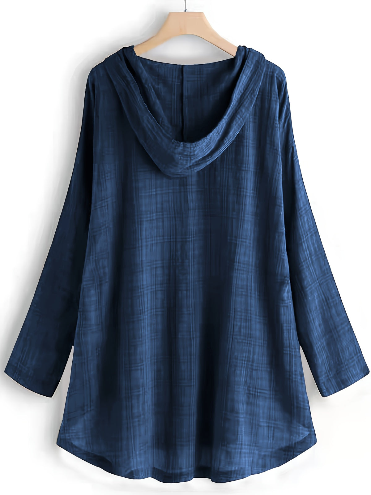 Casual Long-Sleeve Hooded Shirt, Asymmetrical Top, Stylish Plaid Blouse, Autumn Waist-Tied Outerwear for Women, Elegant Long-Sleeve Drawstring Shirt - Blue