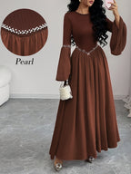 Women'S Elegant Long Sleeve Flared Waist-Cinching A-Line Dress with Pearl Round Neck - Dark Brown