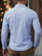 [ROYALBOY] Men'S Random Print Black And White Striped Open Collar Long Sleeve Casual Henley Shirt, Athletic Outdoor Wear Suitable for Daily Commuting, Gatherings, Parties, And Outdoor Activities - Sky Blue