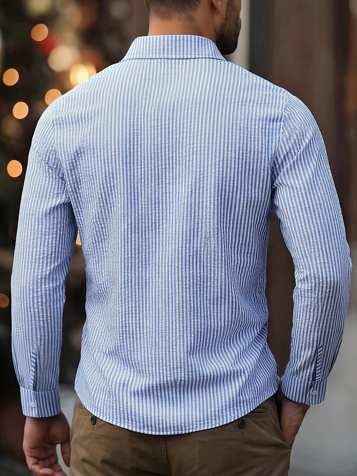 [ROYALBOY] Men'S Random Print Black And White Striped Open Collar Long Sleeve Casual Henley Shirt, Athletic Outdoor Wear Suitable for Daily Commuting, Gatherings, Parties, And Outdoor Activities - Sky Blue
