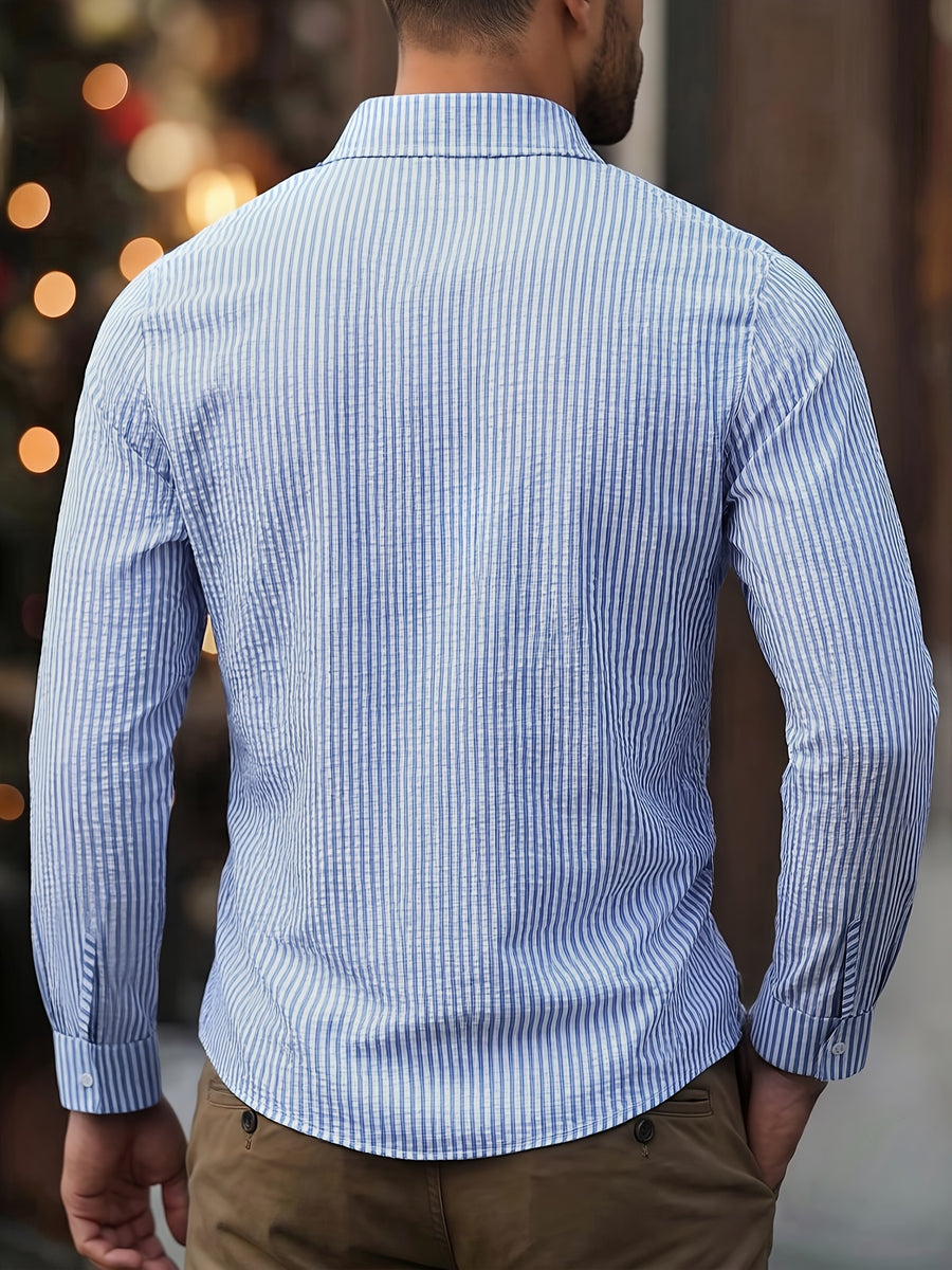 [ROYALBOY] Men'S Random Print Black And White Striped Open Collar Long Sleeve Casual Henley Shirt, Athletic Outdoor Wear Suitable for Daily Commuting, Gatherings, Parties, And Outdoor Activities - Sky Blue