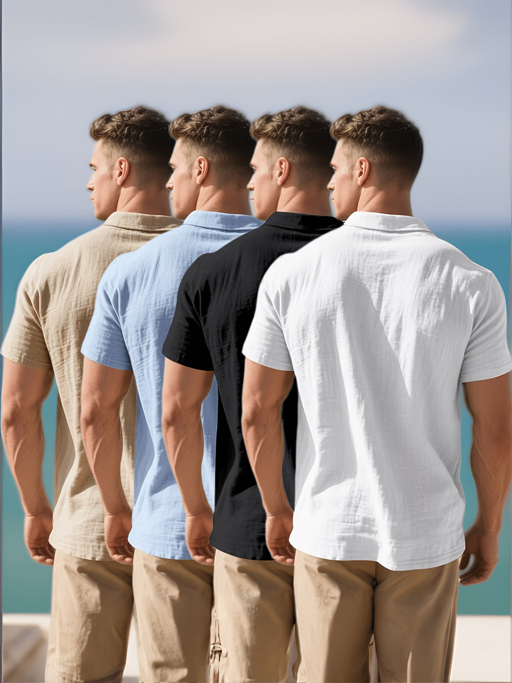 2026 Summer Men's 4pcs Set: Casual Vacation Relaxed Breathable Linen-Textured Business Casual Loose Fit Comfortable Minimalist Basic Style for Seaside Beach Golf Fishing Short-Sleeve Shirt - Card Blue Black White