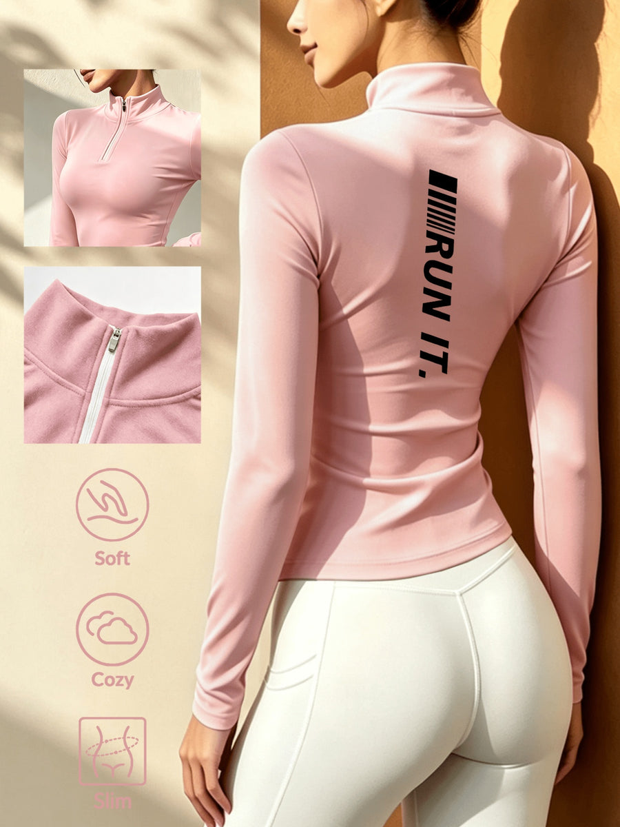 Women's Soft Zip-Up Base Layer Top, Ideal for Cycling,, and Activities During the Cold Autumn and Winter Seasons - pink