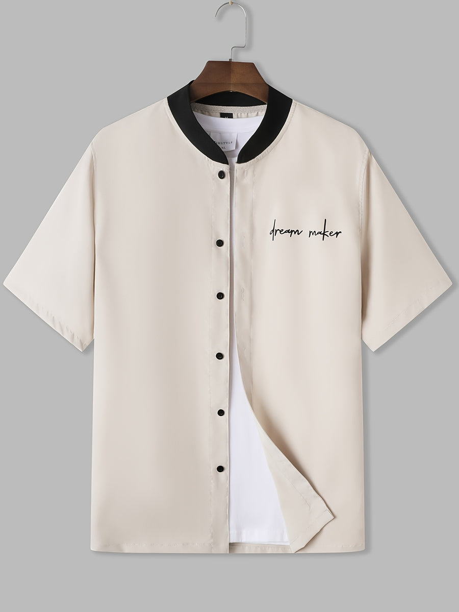 Men's New Summer Short-Sleeve Shirt, Baseball Style Shirt with Printed Design, Suitable for Street and Outdoor Sports, Casual Home Wear, Men's Fashion Short-Sleeve Baseball Shirt - Apricot
