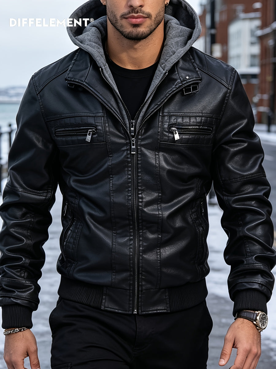 DIFFELEMENT Men's Detachable Hooded Motorcycle Jacket, Windproof and Warm for Winter, Soft and Smooth Fabric, Double-Layer Zipper Design, Multiple Zippered Pockets, Cuffed Sleeves, Regular Fit Motorcycle Outerwear. Suitable for Motorcycle Riding - Black