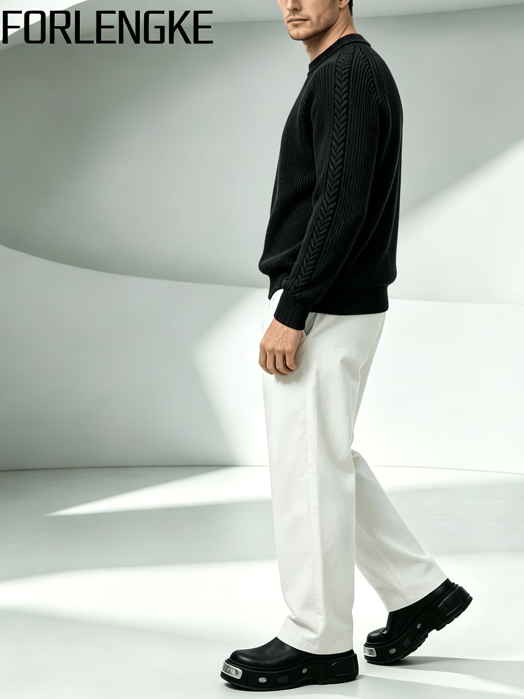 FORLENGKE Men'S Crew Neck Knitted Pullover with Vertical Cable Texture, Perfect for Solo Wear in Autumn And Winter to Show Texture Or Layered for a Stylish Look, Suitable for Shopping, Going Out, Parties, And Various Daily Occasions - Black
