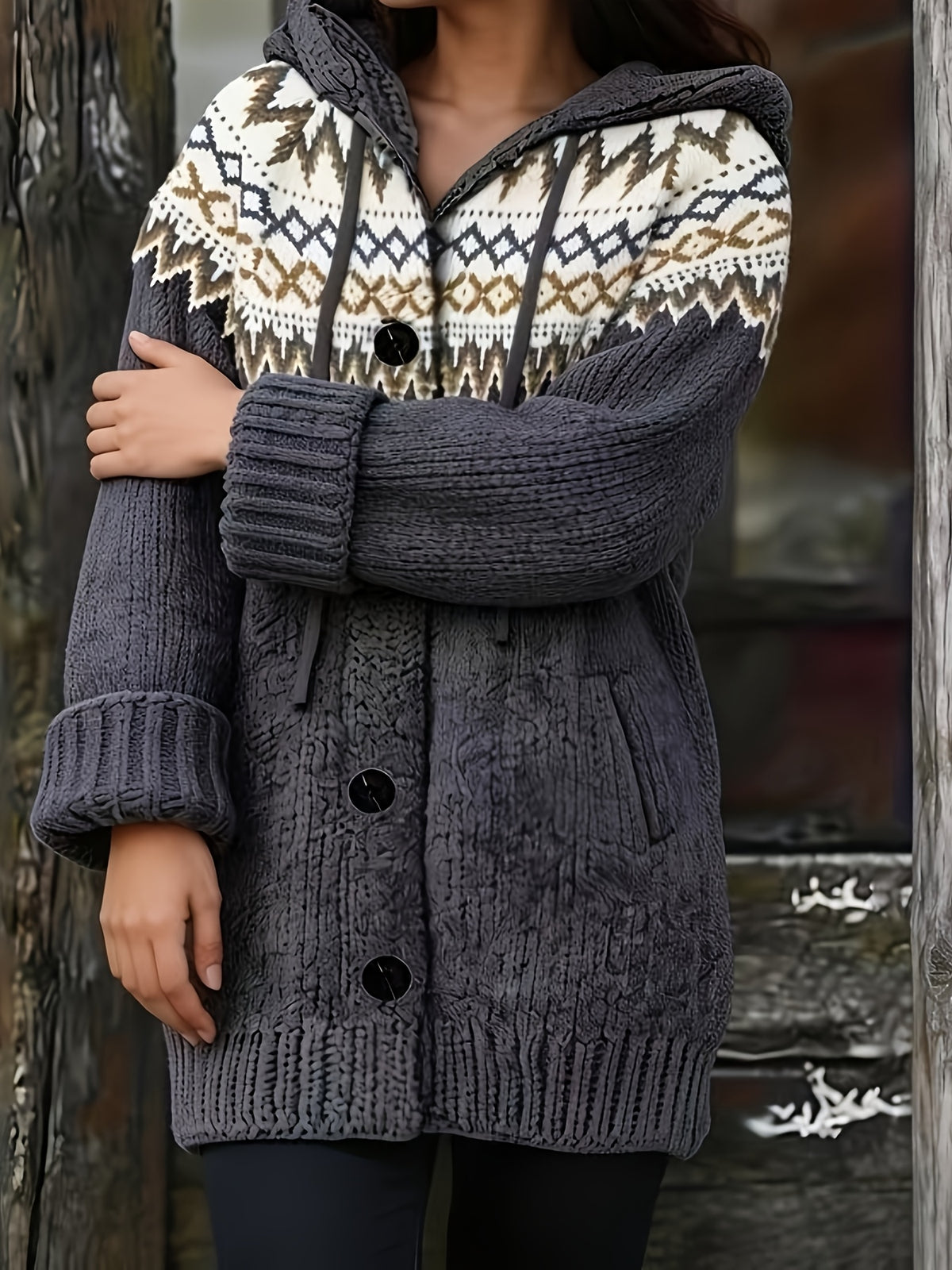 Fashionable Casual Long-Sleeve Hooded Cardigan for Women with Contrasting Colors And Pockets - Grey