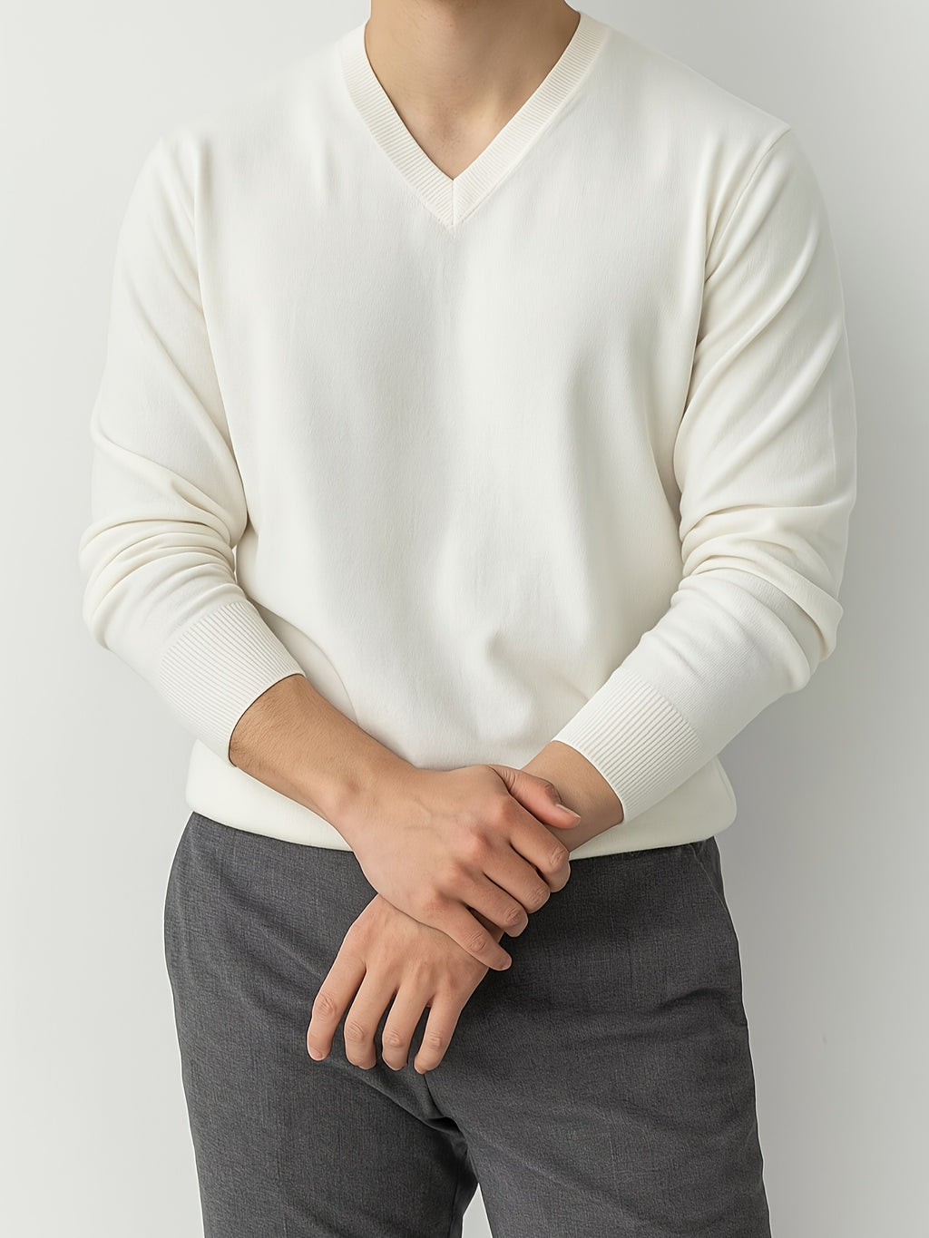 Autumn and Winter Basic Men's V-Neck Knit Sweater, Versatile Daily Commute Top - White