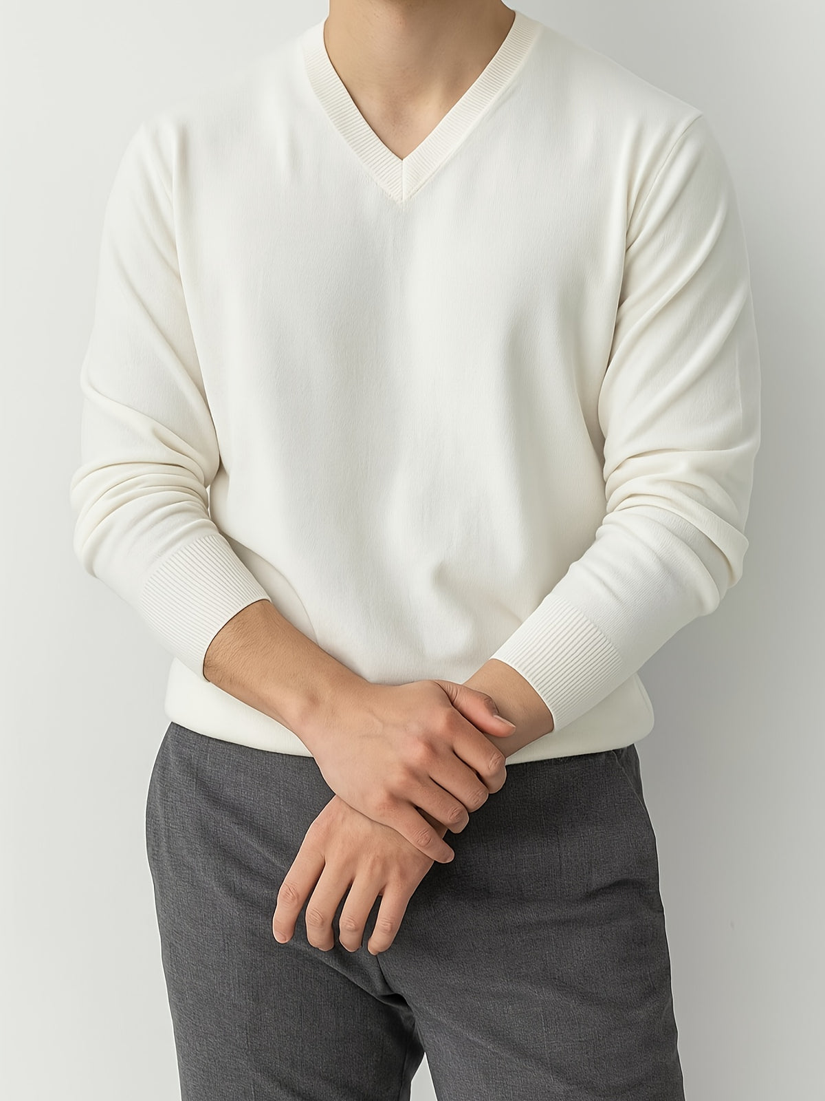 Autumn and Winter Basic Men's V-Neck Knit Sweater, Versatile Daily Commute Top - White