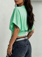 BK260403040 Women's Fashion Spring/Summer New Arrival, Stylish and Elegant, Solid Color No Print, Casual Versatile Waist-Cinching T-Shirt, Essential Basic Style—Suitable for Daily Spring/Summer Wear,, Beach, Vacation, and Home - Emerald Green